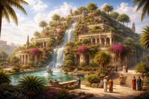 Grădinile Suspendate – reconstituire artistică a uneia dintre cele 7 minuni ale lumii antice.