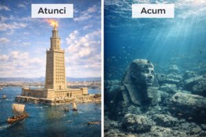 Farul din Alexandria – reconstrucție artistică („atunci”) și ruinele subacvatice descoperite astăzi („acum”).