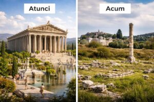 Templul zeiței Artemis din Efes – reconstrucție artistică („atunci”) și ruinele existente astăzi („acum”).