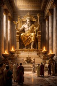 Reconstituire artistică a Statuii lui Zeus din Olympia, una dintre cele 7 minuni ale lumii antice